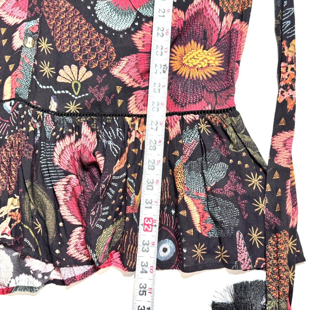 Farm Rio River Creatures Black Floral Mini Dress Tie Belt Button Front Tassels - Picture 15 of 16